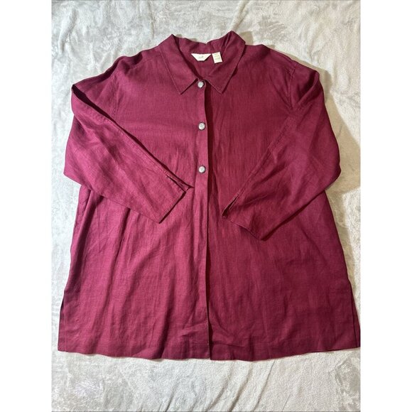Women’s J.Jill Vintage Tunic Top 3 Buttons Deep Splits Maroon 100% Linen Plus 22 - Picture 4 of 14